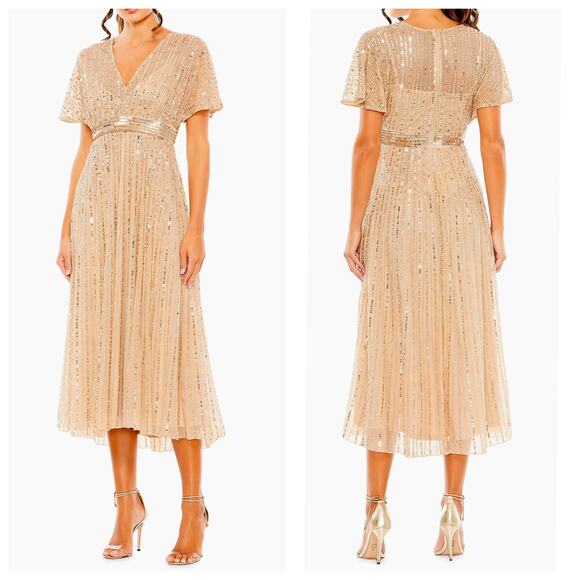 Mac Duggal Sequined Short Flutter Sleeve Midi Dress Taupe 8 - Picture 1 of 5